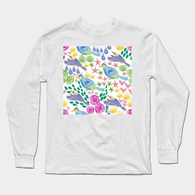 Whimsical birds pattern Long Sleeve T-Shirt by Kimmygowland